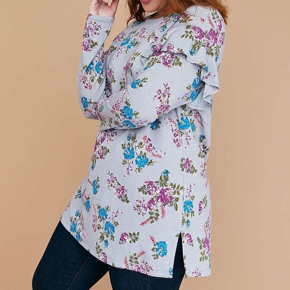 Lane Bryant Plus Size 14 16 Floral Print Ruffle Sleeve Top Gray